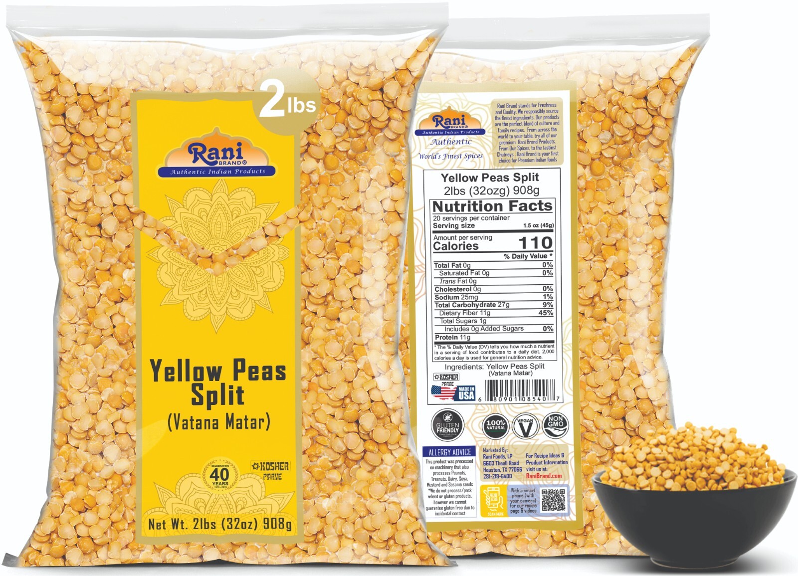 Rani Yellow Peas Split, Dried (Vatana, Matar) 32oz (2lbs) 907g