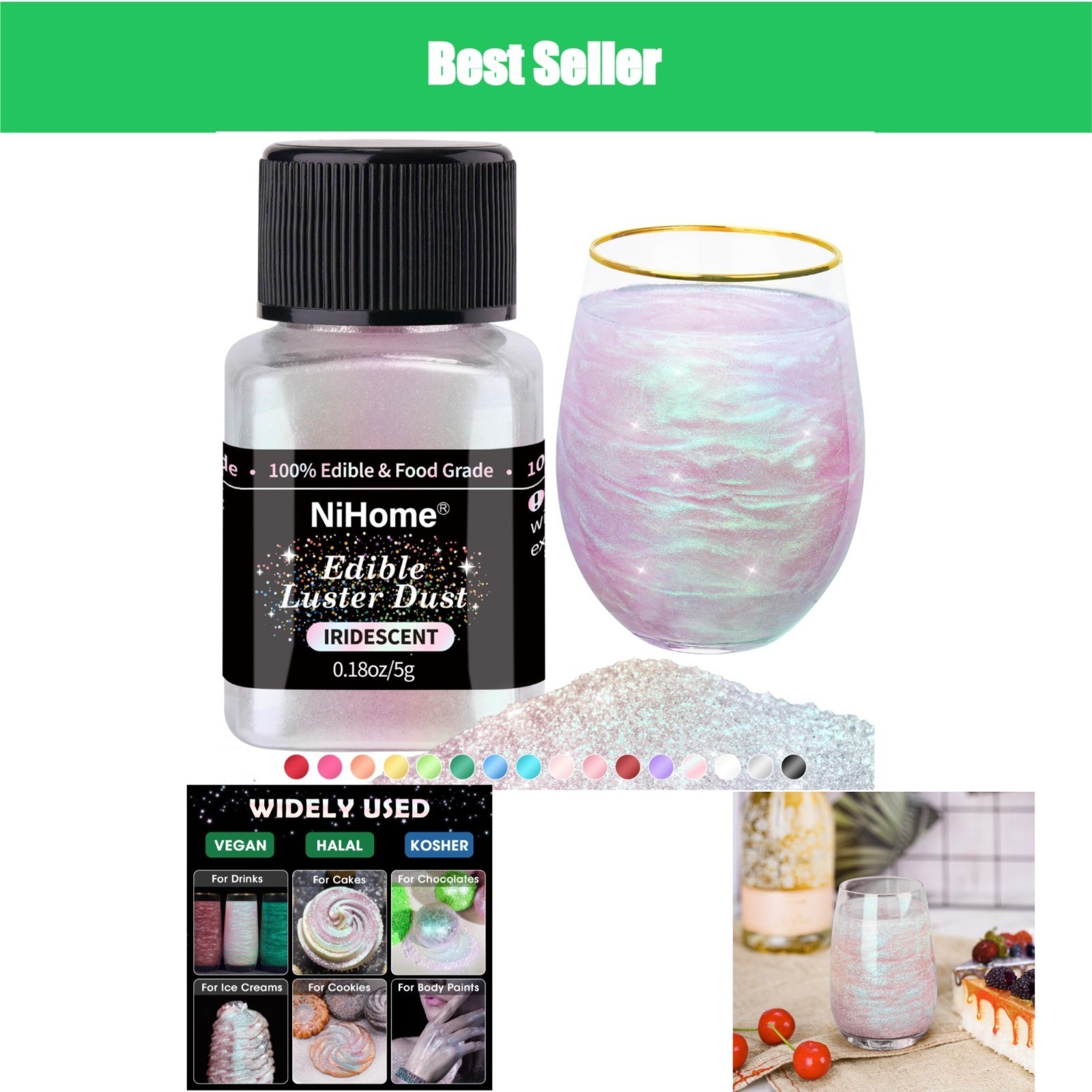 NiHome Edible Glitter Luster Dust for Cakes, Drinks, Desserts – 5g Iridescent