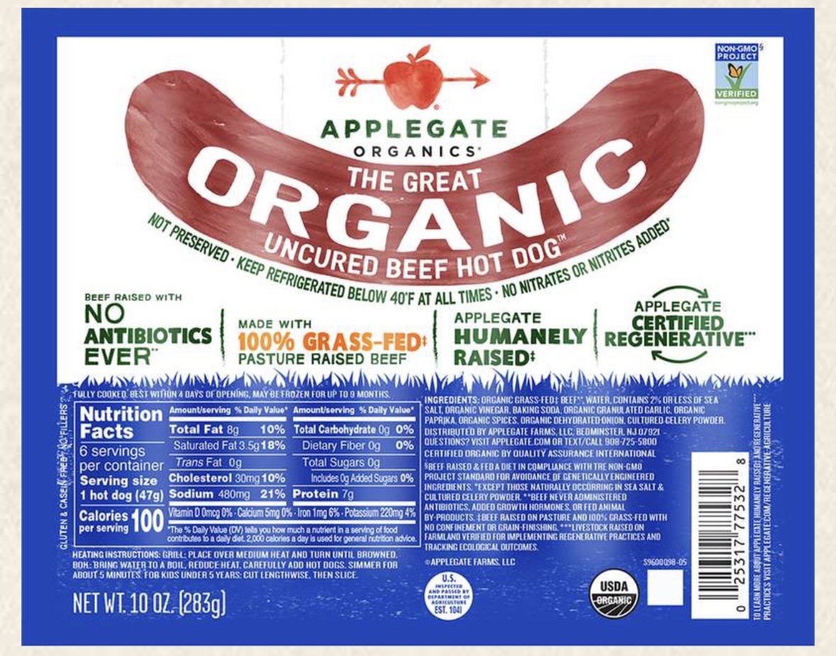 Applegate Organics Uncured Beef Hot Dogs, 20 oz. 100% grass fed