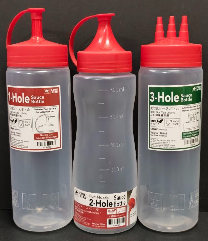 3pcs 700ml Reusable Squeeze Bottle Set 1/2/3 Hole Sauce Ketchup Nozzle BPA Free