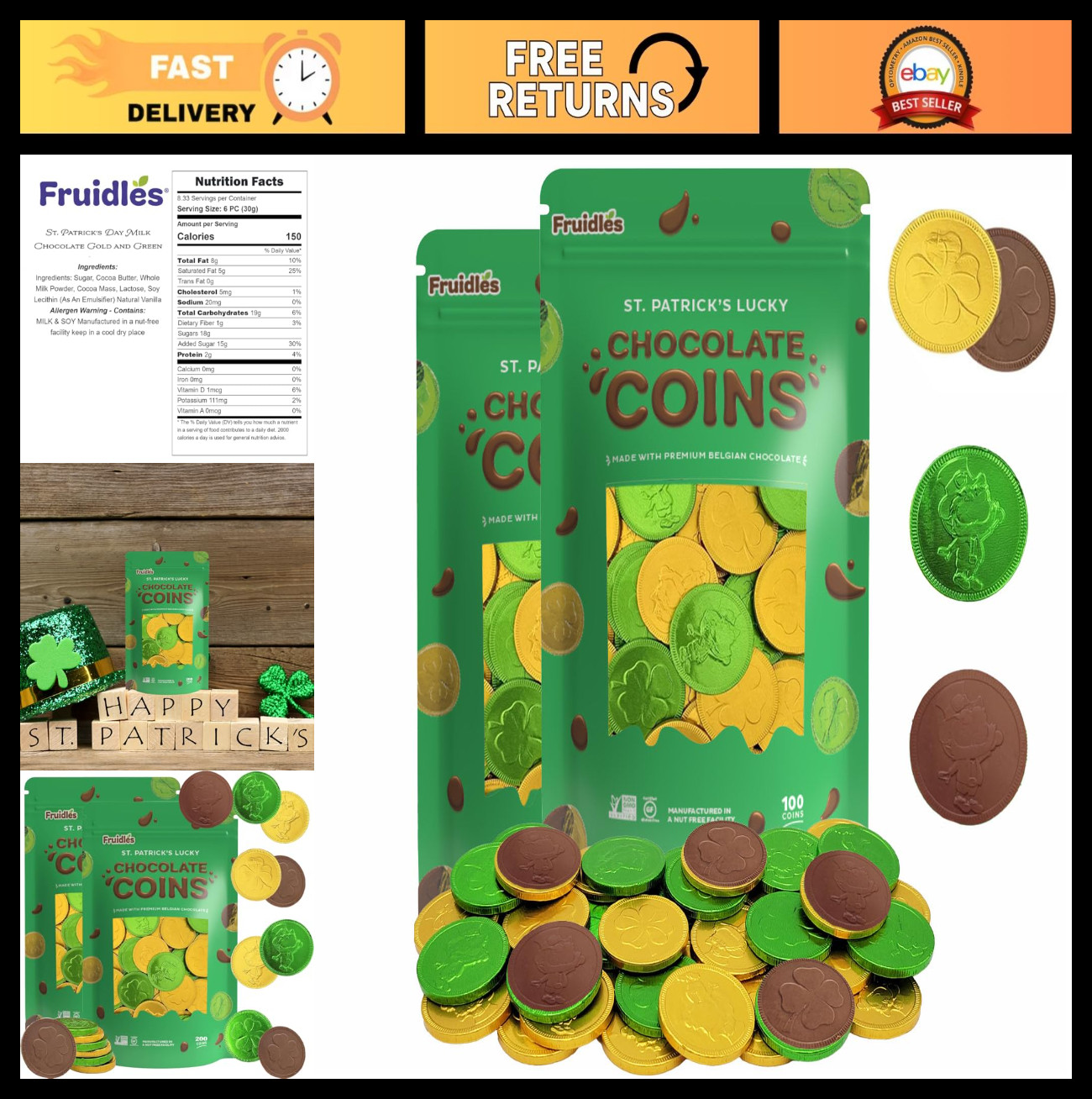 St. Patrick’s Day Chocolate Coins – Gold & Green Shamrock, Nut-Free Belgian Milk