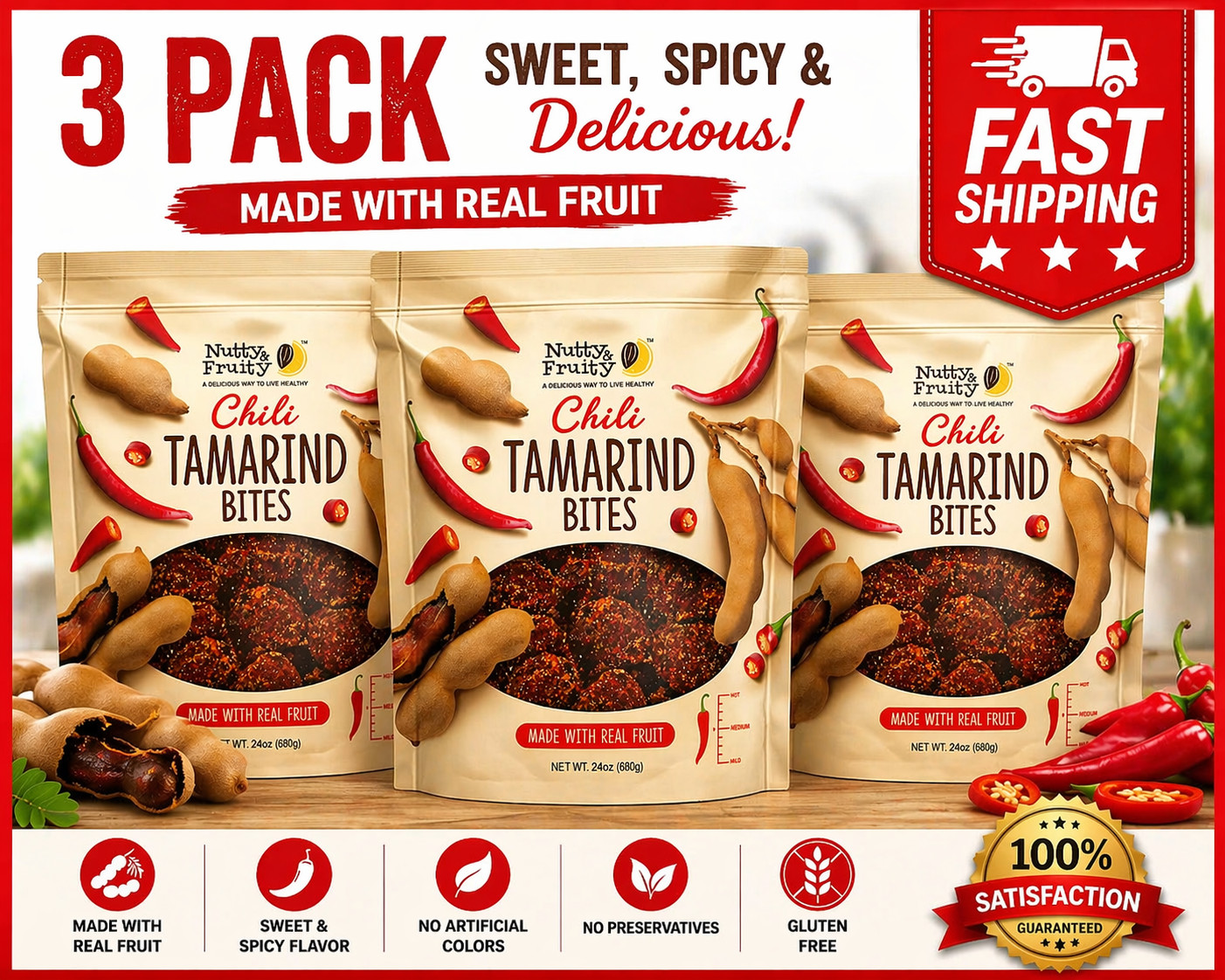 3PACK bags of Nutty & Fruity Spicy Chili Tamarind Bites, 24 Oz/bag – REAL FRUIT