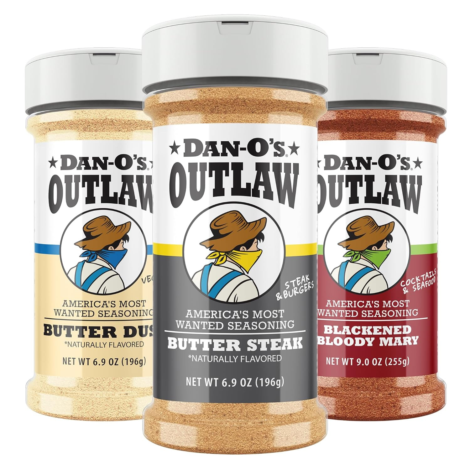 Dan-O’s Outlaw Seasoning 3 Bottle Set- Butter Dust, Butter Steak & Blackened