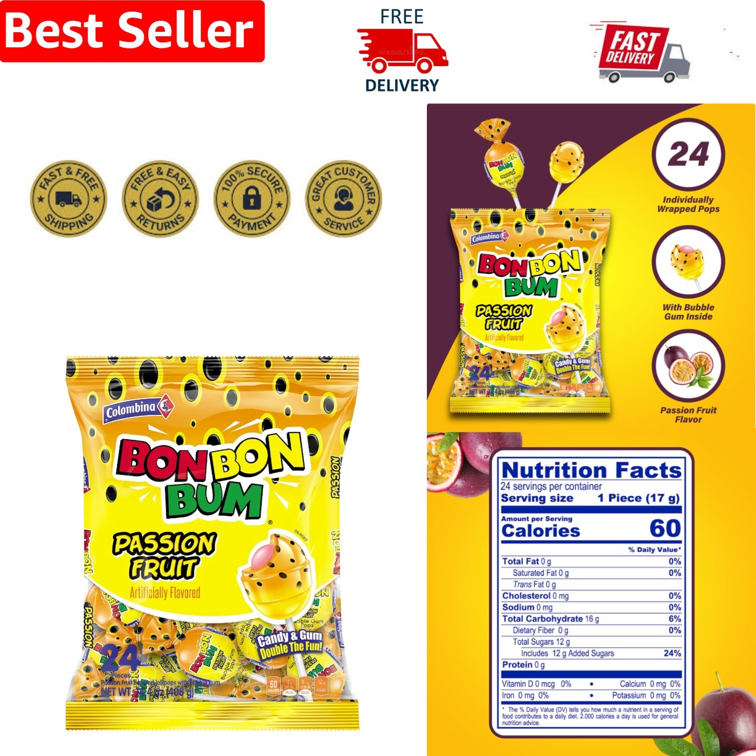 Bon Bon Bum Assorted Lollipops – Tropical Treats for All Occasions, 24 Count