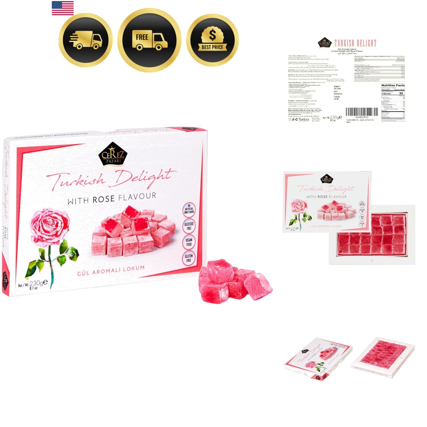 Turkish Delight Rose Flavor Soft Candy No Nuts Gourmet Snack 40 Pcs
