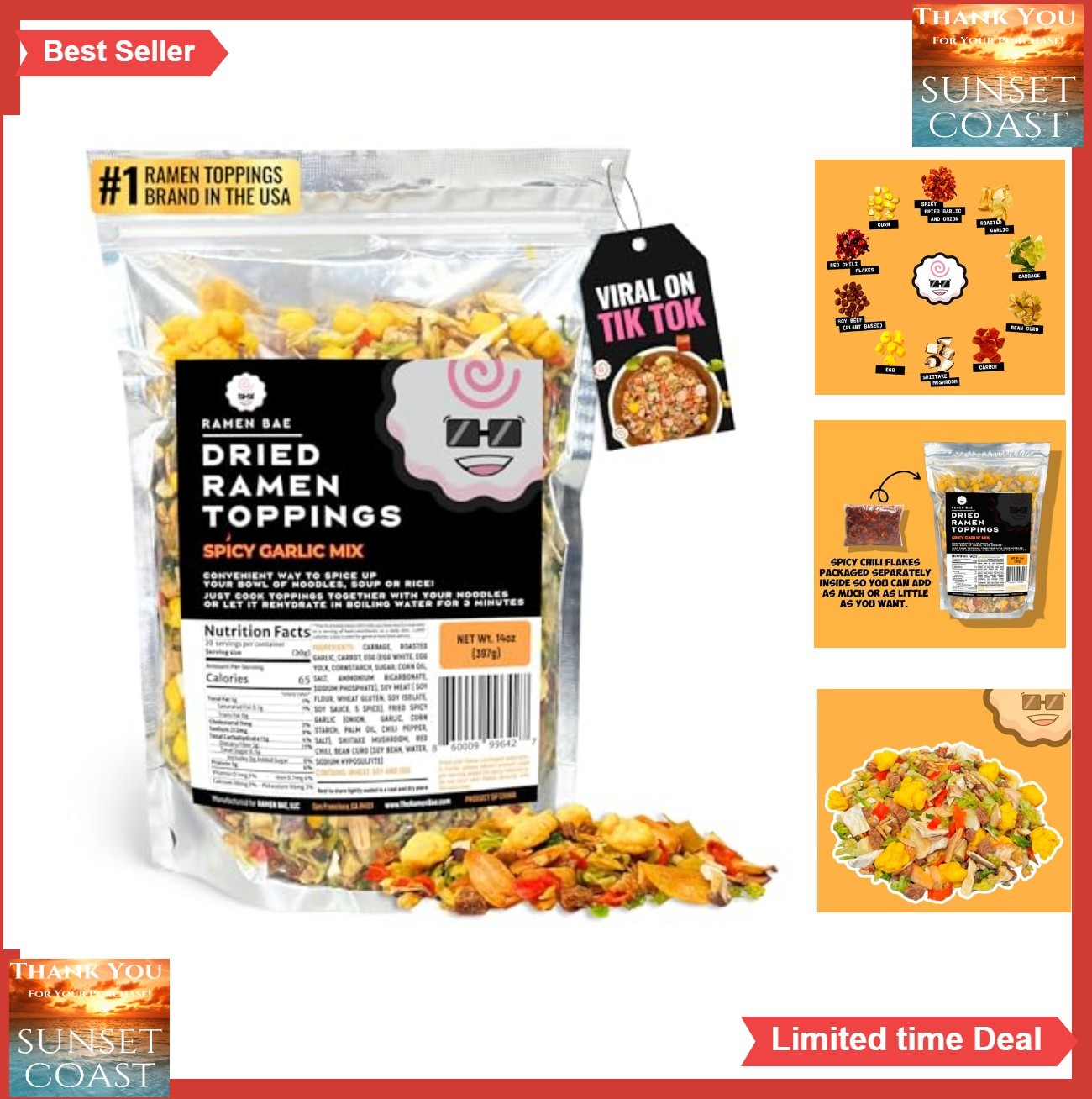 Dehydrated Spicy Garlic Ramen Toppings Mix 20 Servings Low Fat Low Sodium