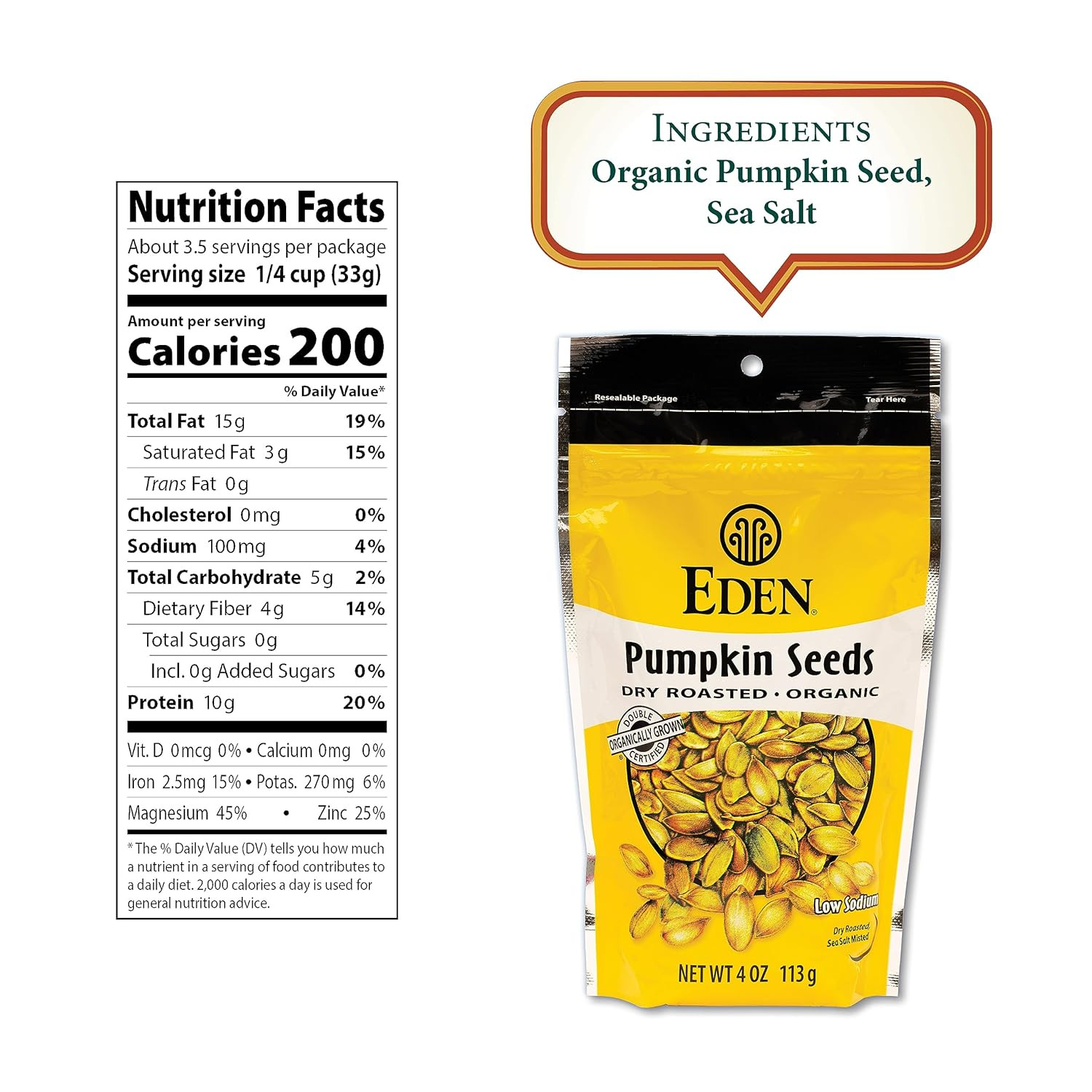 Organic Pumpkin Seeds, Shelled, Dry Roasted and Lightly Sea Salted, to Eat, 4 Oz