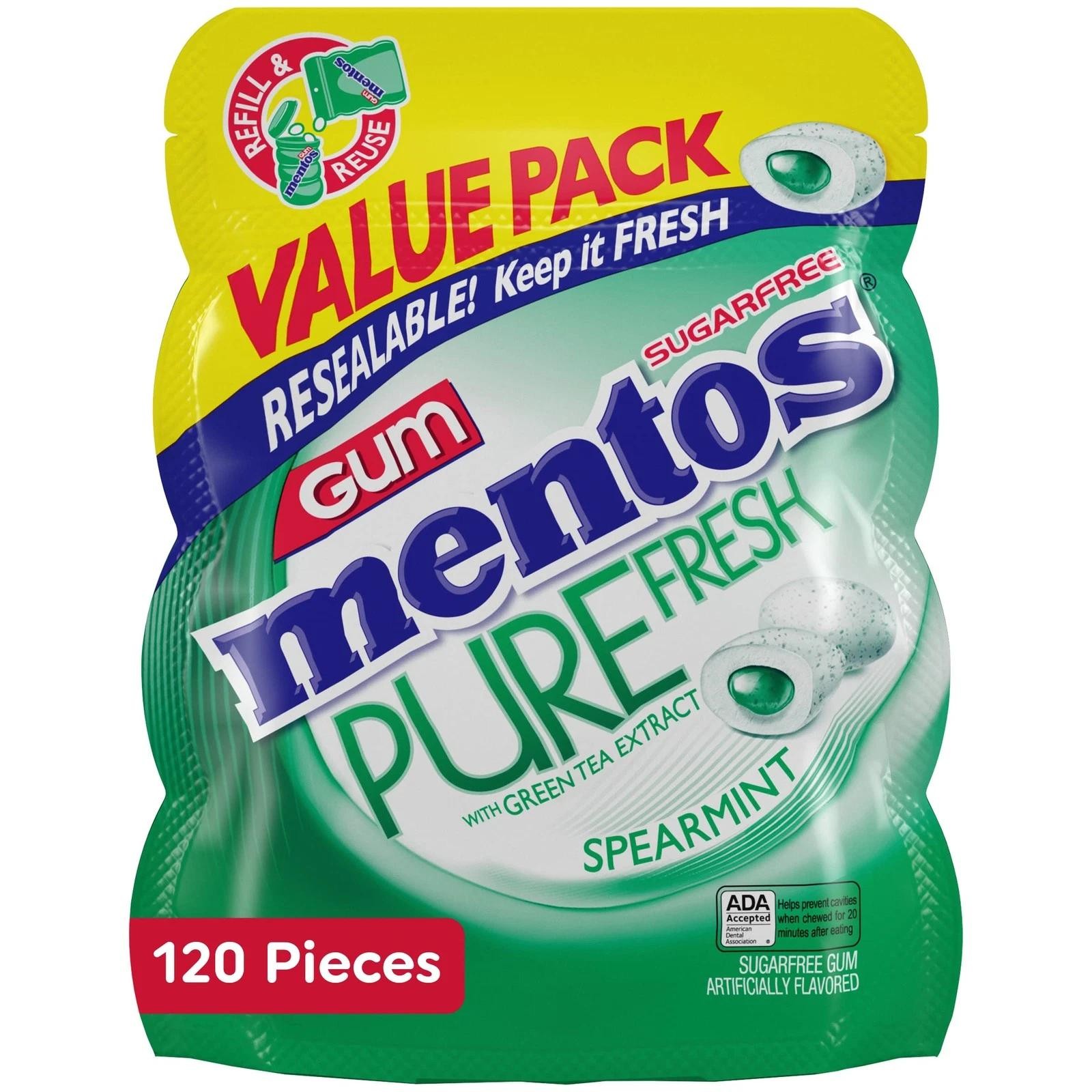 Mentos Pure Fresh Sugar-free Chewing Gum with Xylitol, Spearmint, 120 Piece Bulk