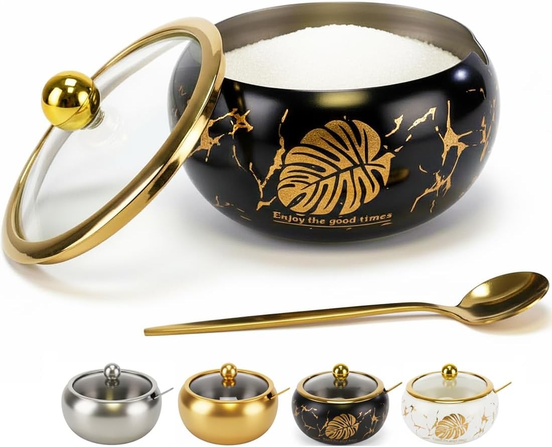 15OZ Sugar Bowl with Glass Lid and Spoon, Sugar Container of Coffee Bar