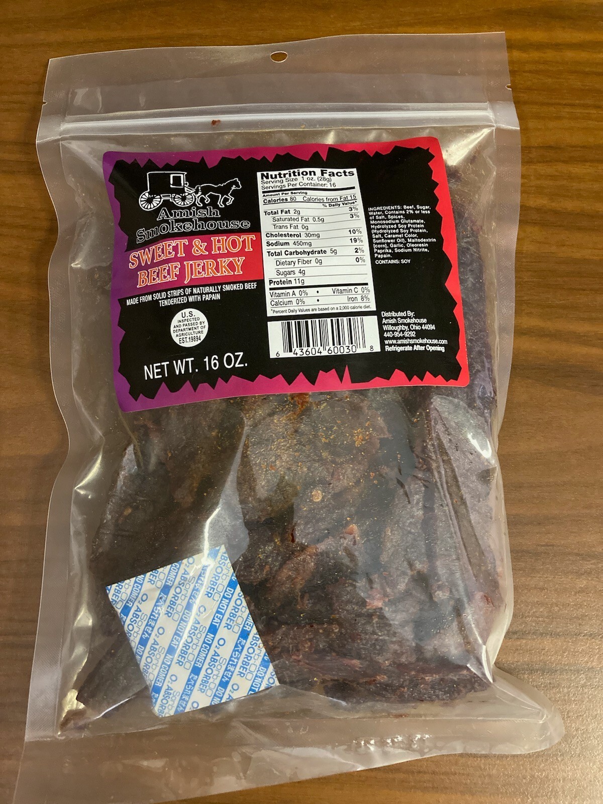 Amish Smokehouse Beef Jerky, 16oz Bulk Bag, Sweet and Hot