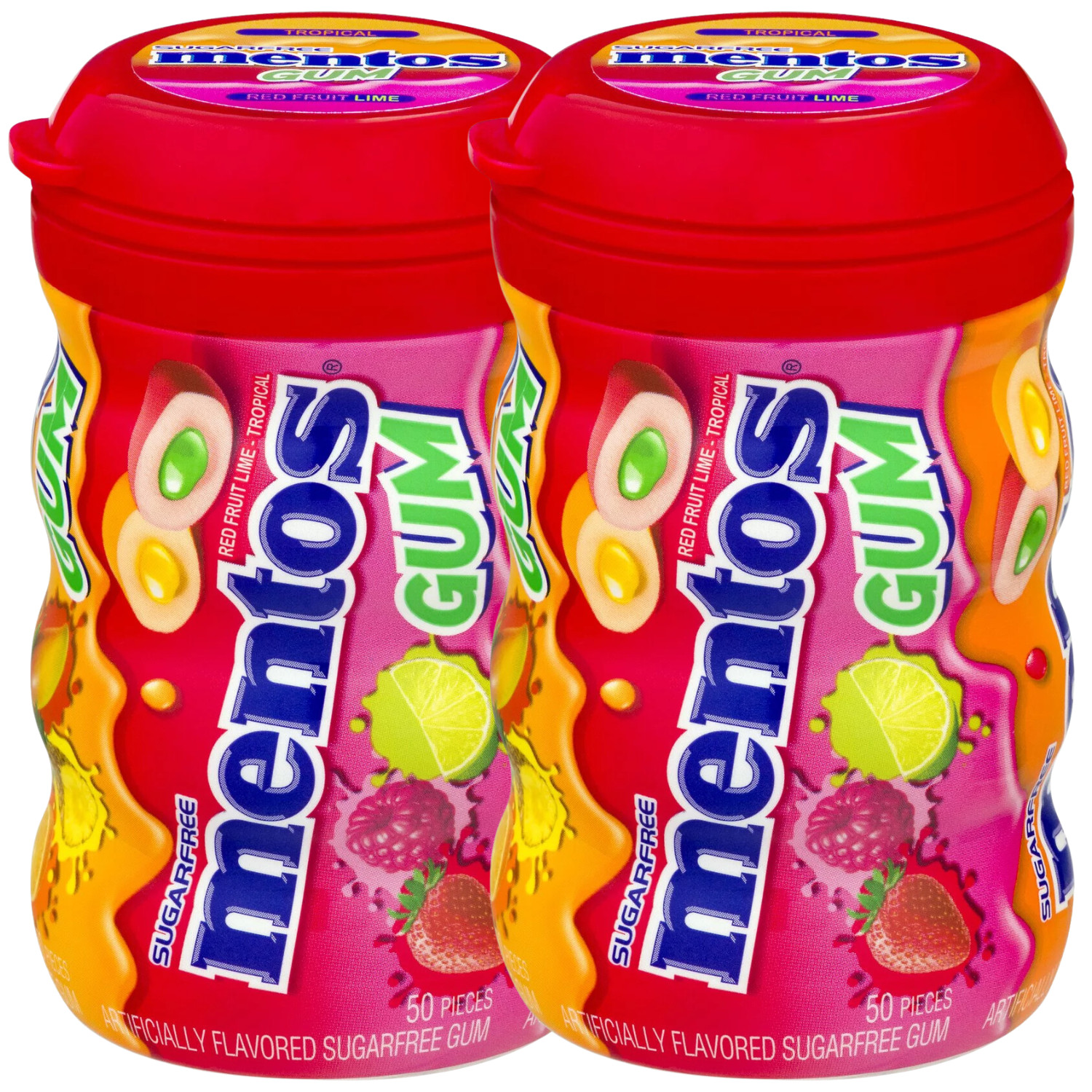 Sugar-Free Chewing Gum, Tropical, Red Fruit and Lime, 50 Piece Bottle, 2 pack