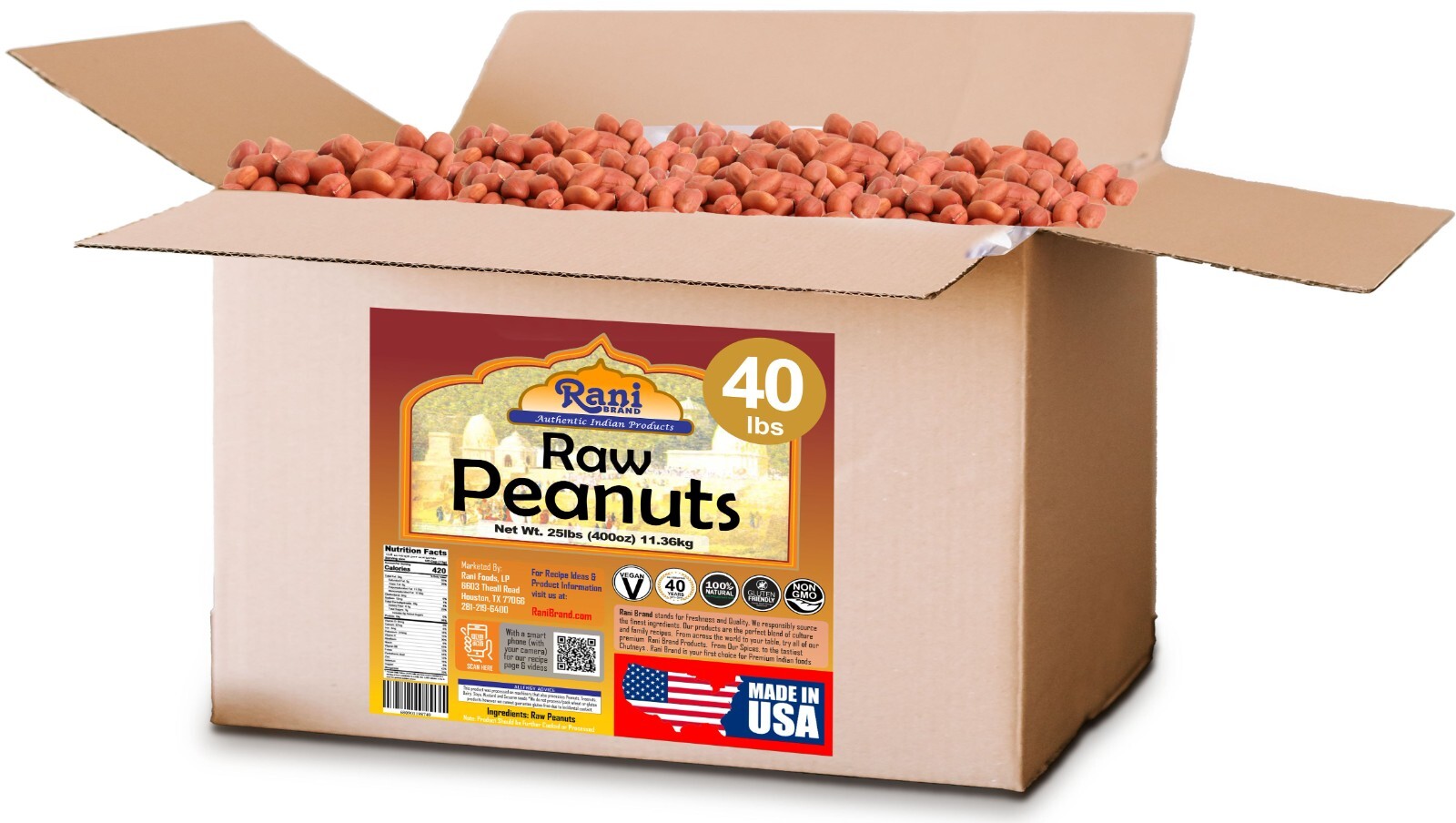 Rani Peanuts, Raw Whole With Skin (uncooked, unsalted) 40lbs (640oz) 18.14kg Box