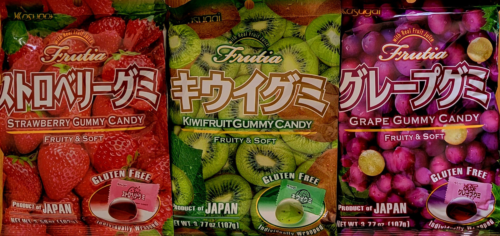 Japanese Fruit Gummy Tripak(3 pk) Sampler-Strawberry , Kiwi & Grape by Kasugai