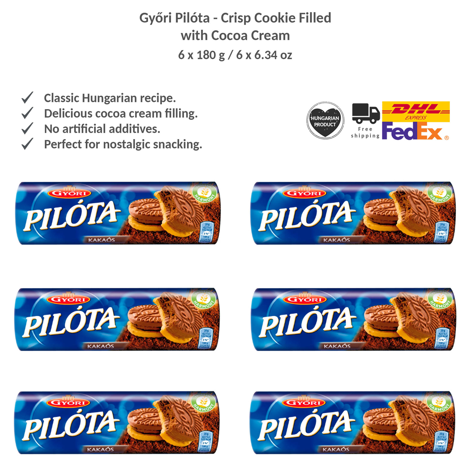 Original Crisp Cookie Filled with Cocoa Cream, Győri Pilóta from Hungary, 6x180g