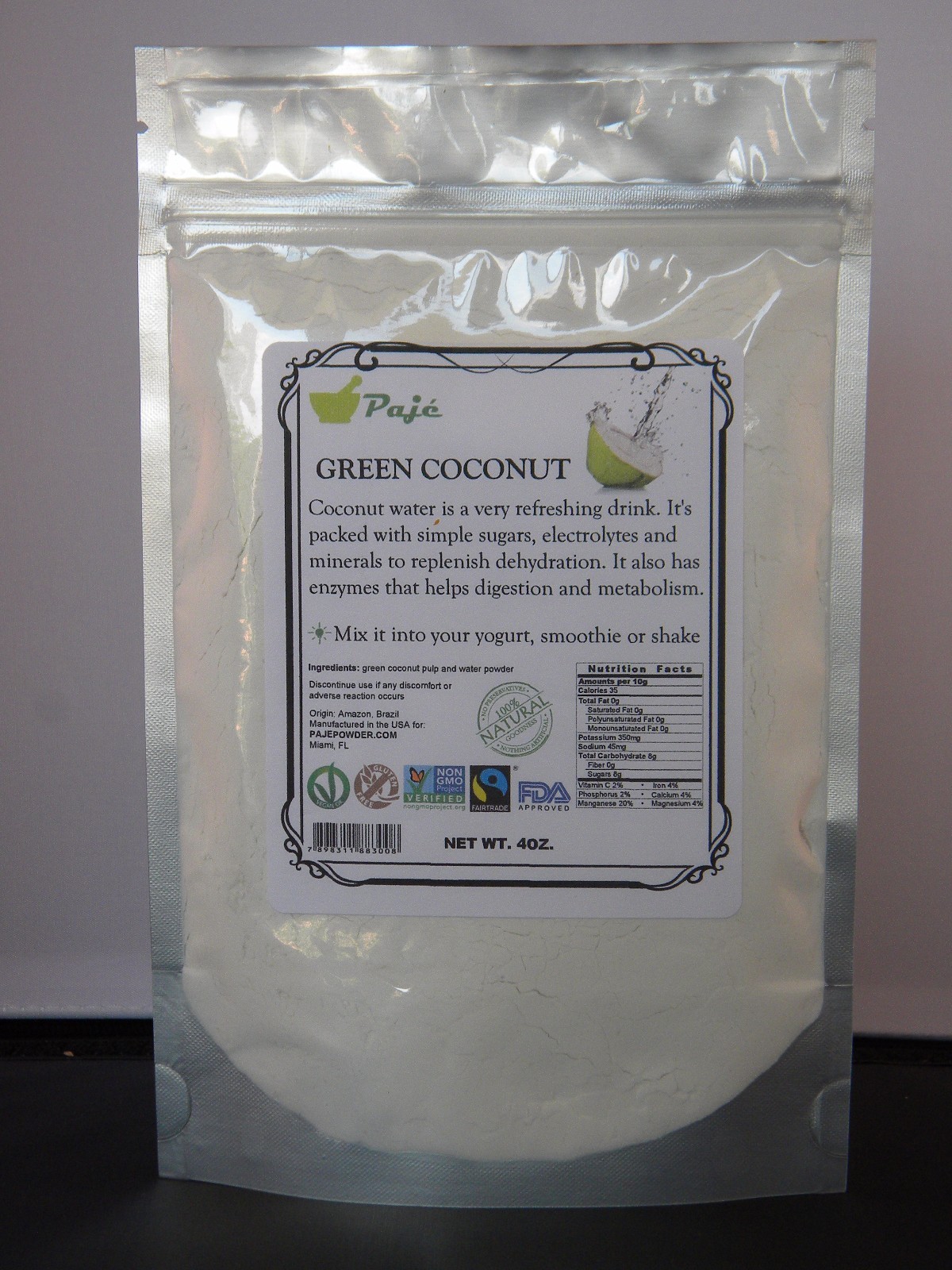 Coconut water powder 8oz 1/2lb Electrolyte Hydration digestion metabolism PAJE