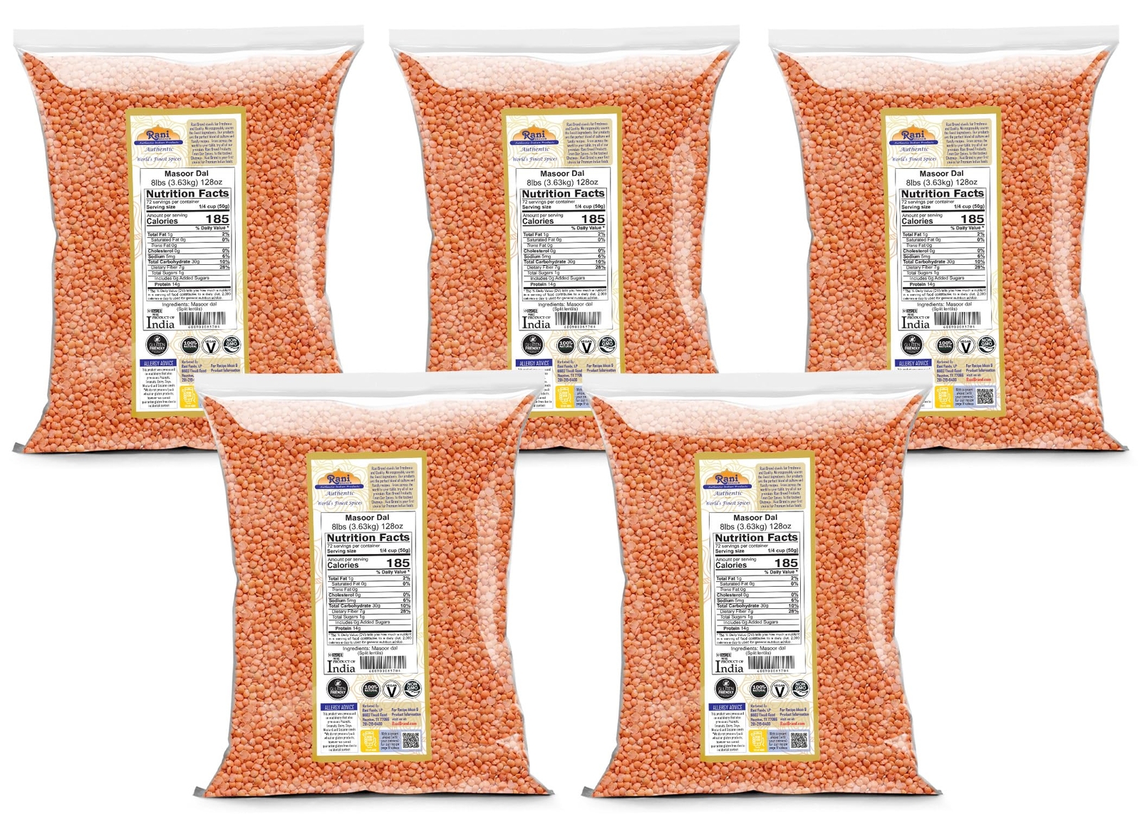 Rani Masoor Dal (Indian Split Red Lentils) Split Gram 8lbs (40lbs) Pack of 5