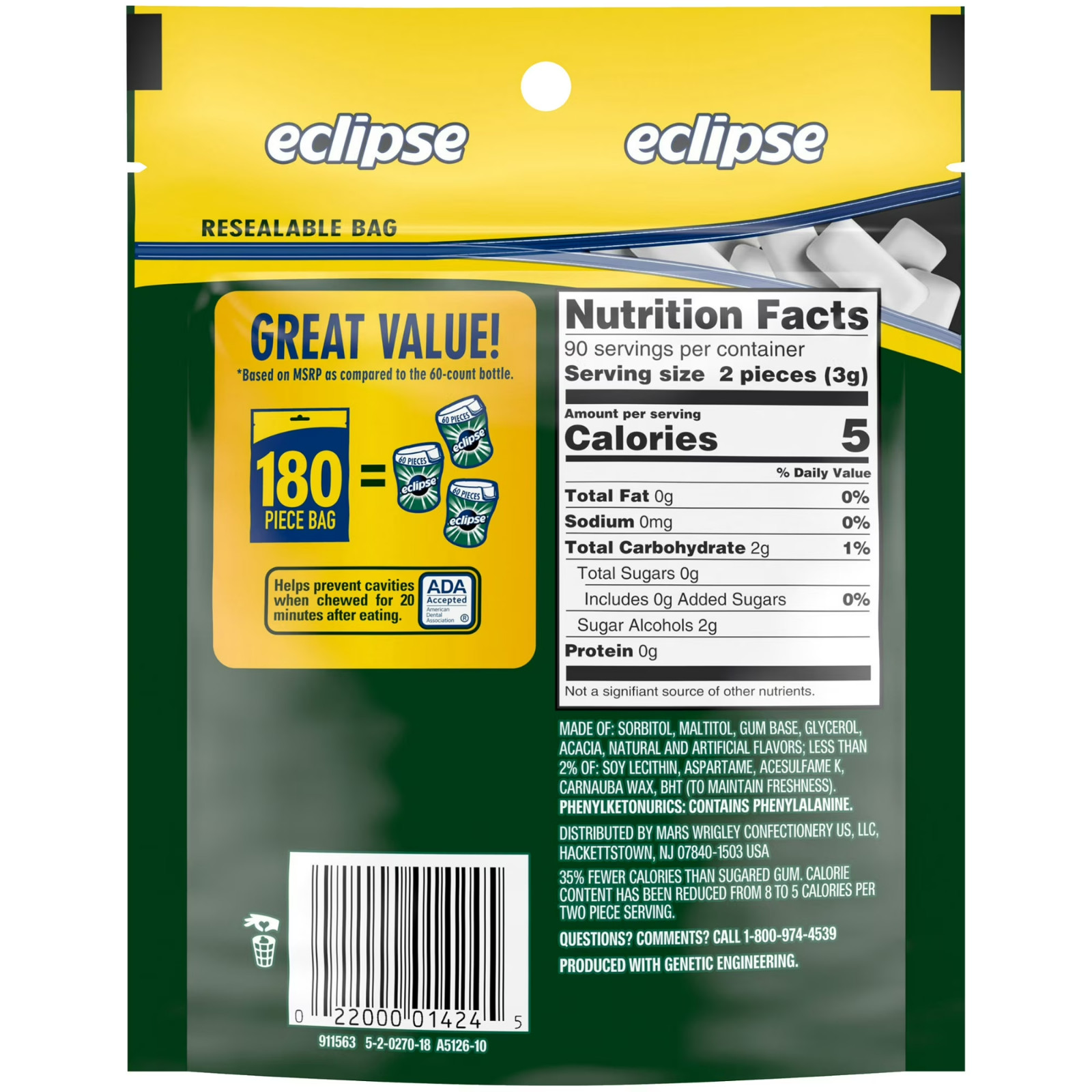 ECLIPSE Spearmint Sugarfree Chewing Gum 180 piece bag