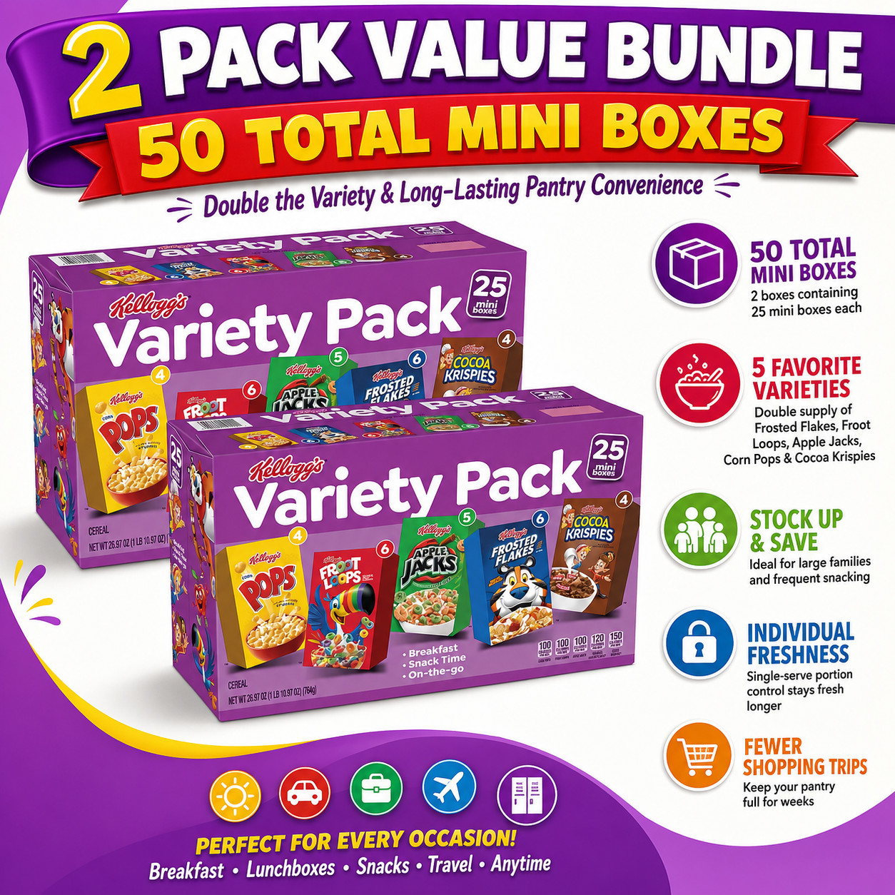 2-Pack Kellogg’s Cereal Mini Boxes, Variety Pack, 25-count