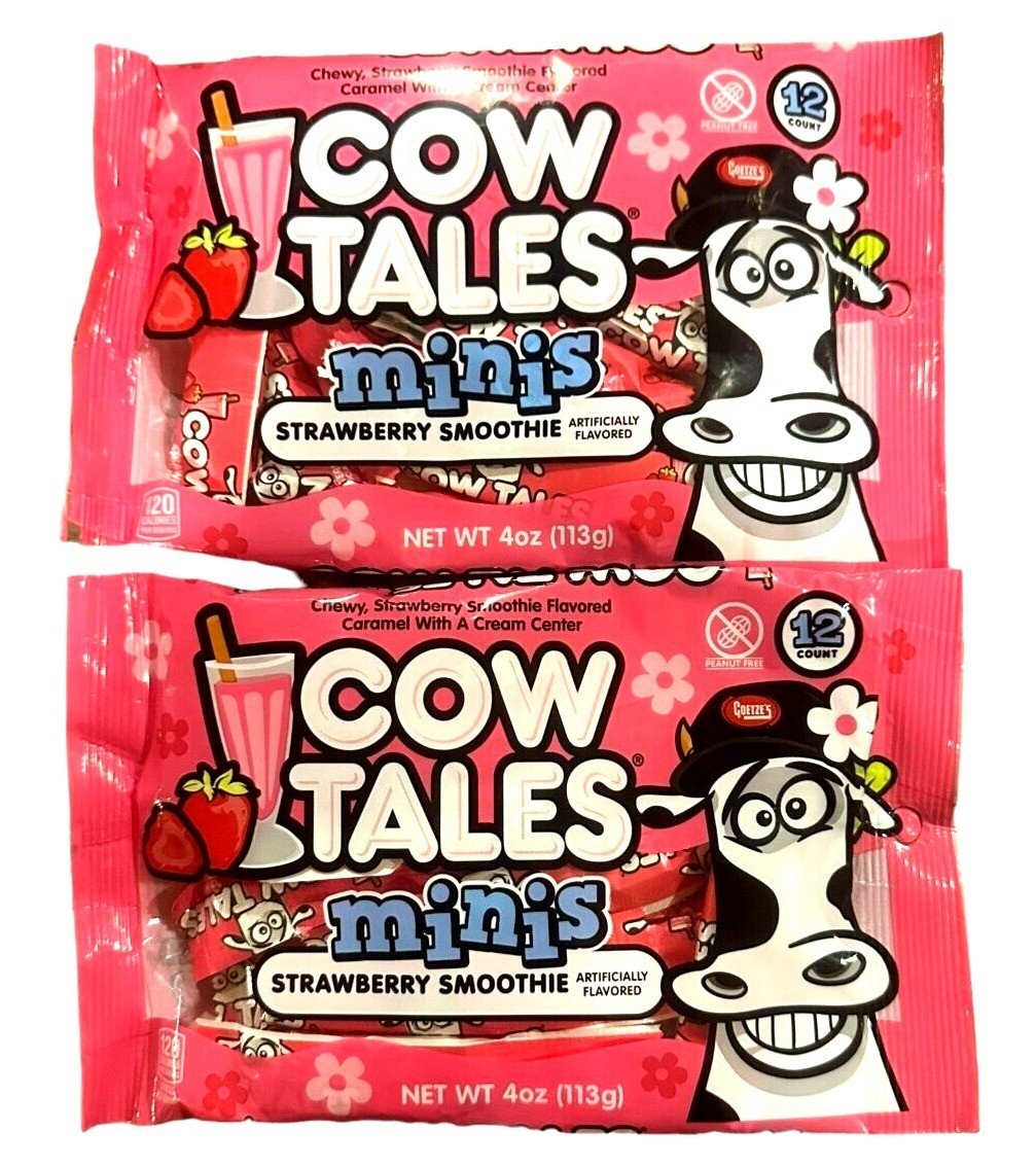2pc 4oz/12pc ea Bag Goetze’s Cow Tales Minis STRAWBERRY SMOOTHIE Valentine Candy