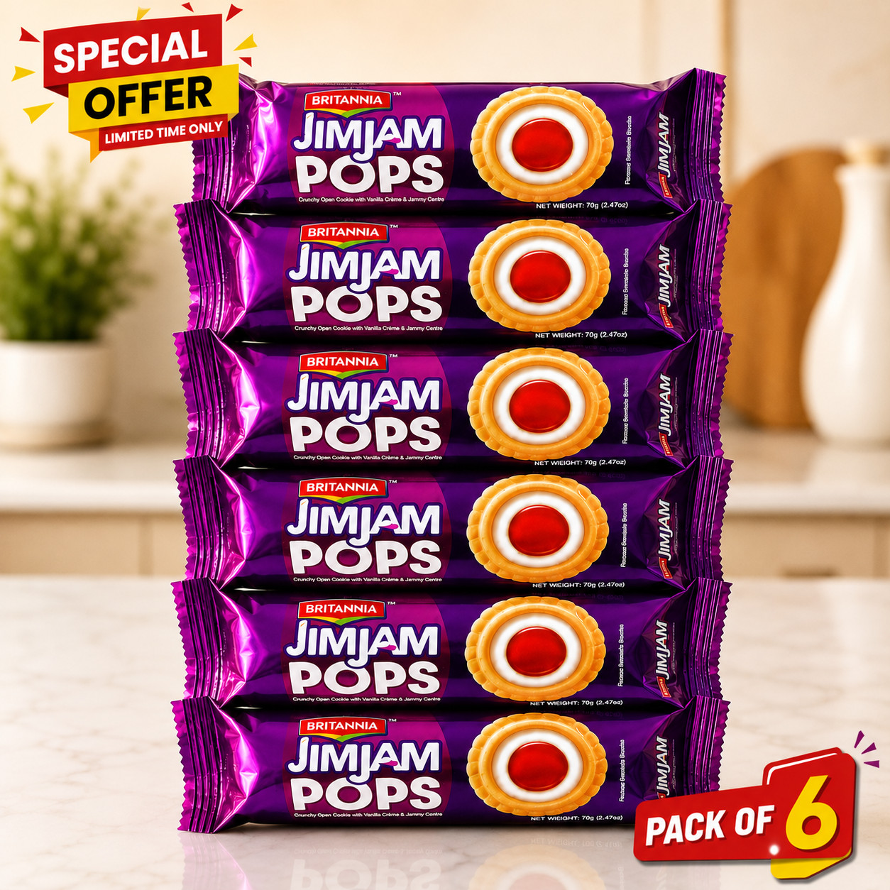 Britannia Jim Jam Pops Cookies 70g Pack of 6 Vanilla Creme & Jam | Exp 09-01-26