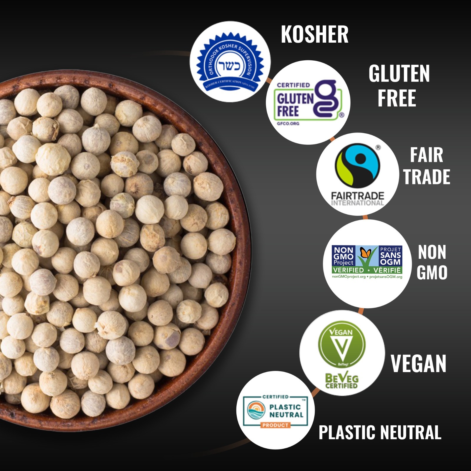 5Senses Malabar Whole White Pepper Whole | Pimienta Blanca | Non-GMO, Fairtrade