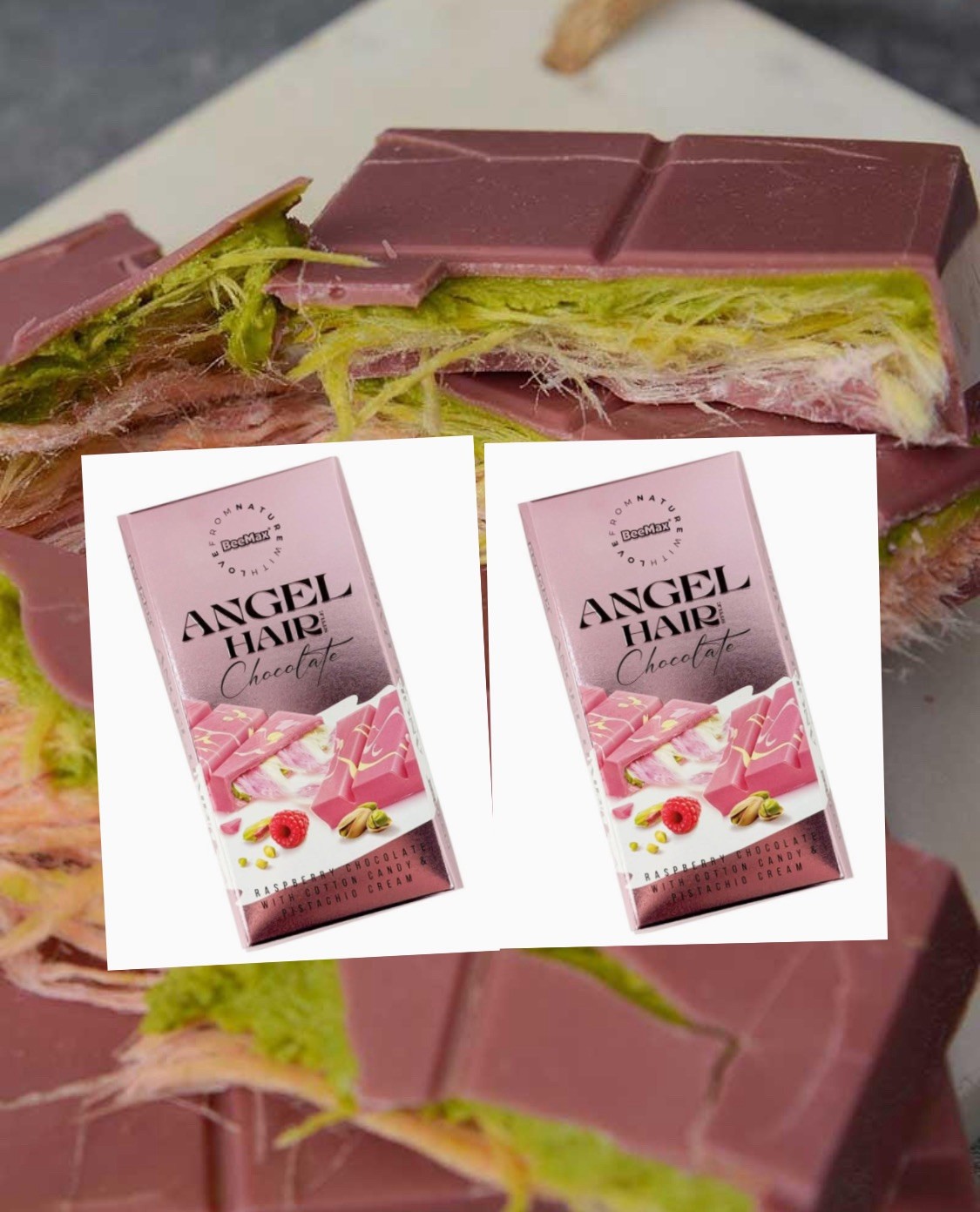 2 Count Dubai Raspberry Chocolate Bar Angel Hair Cotton Candy Pistachio Cream…..