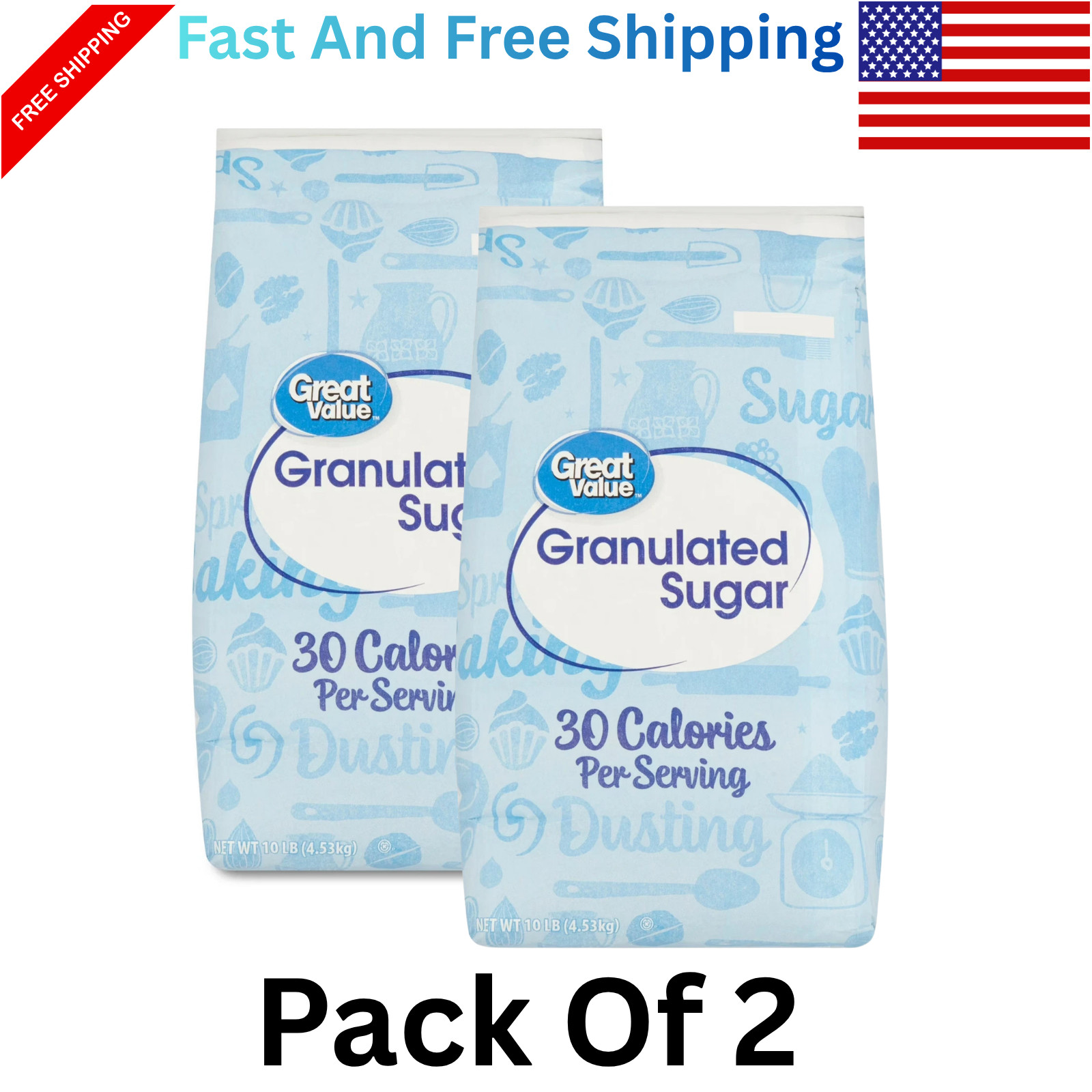 Great Value Pure Granulated Sugar, 10lb,New (2 Pack)