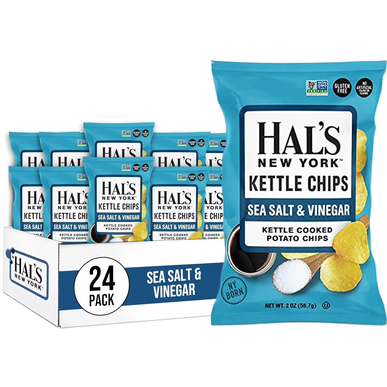 Hal’s New York Sea Salt & Vinegar Kettle Chips 24 Pack 2 oz Bags