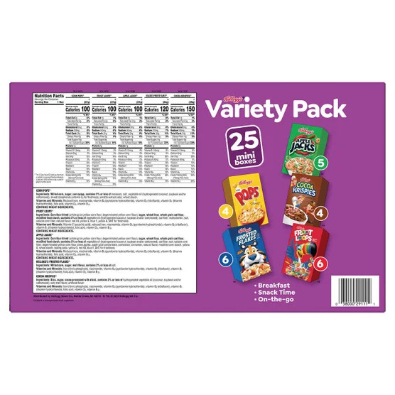 4-Pack Kellogg’s Cereal Mini Boxes, Variety Pack, 25-count