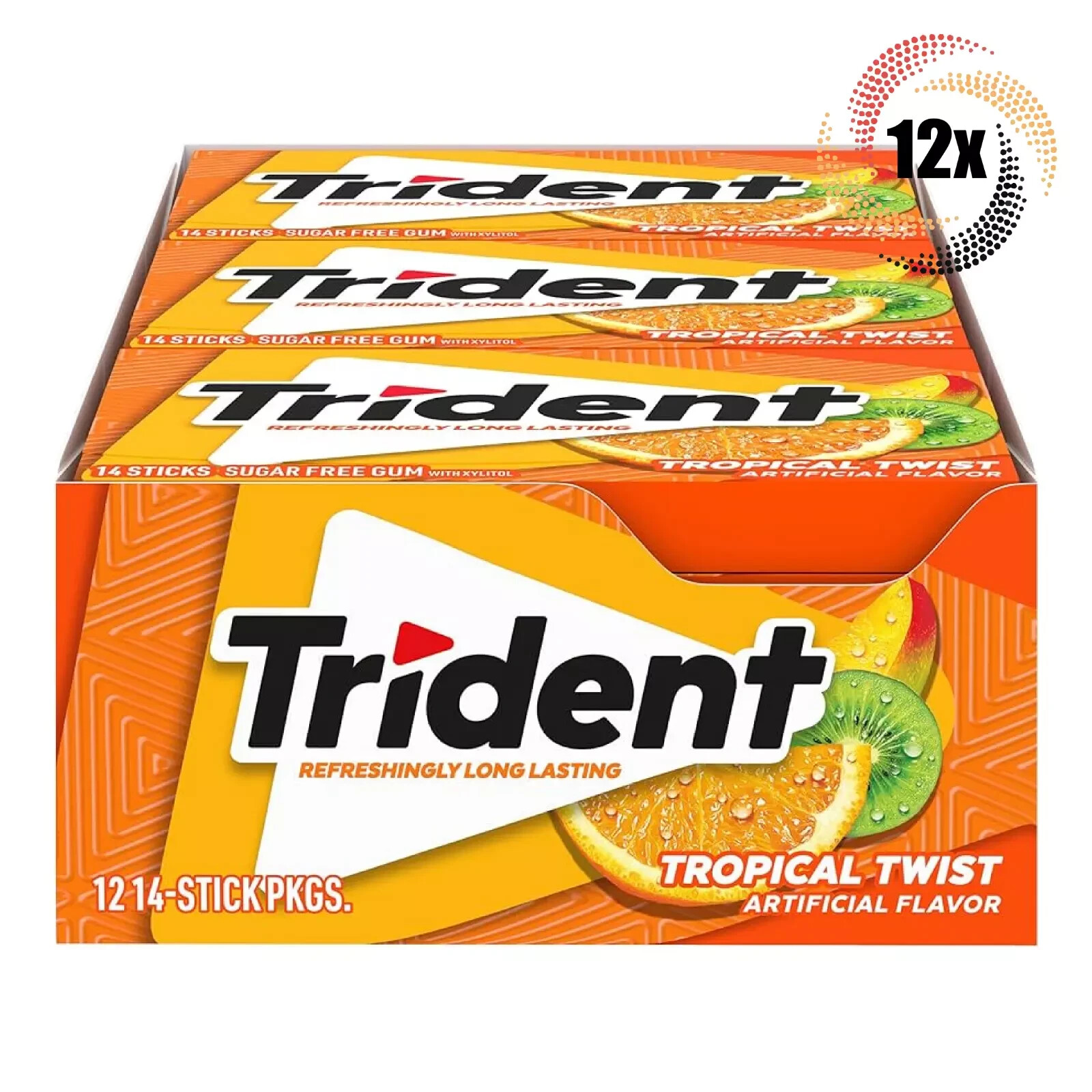 Full Box 12x Packs Trident Tropical Twist Chewing Gum, 14 Sticks Per Pack
