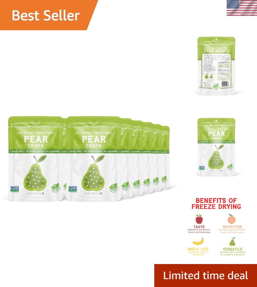 Nature’s Turn Gluten-Free Freeze-Dried Pear Crisps – 12 Portable Fruit Snacks