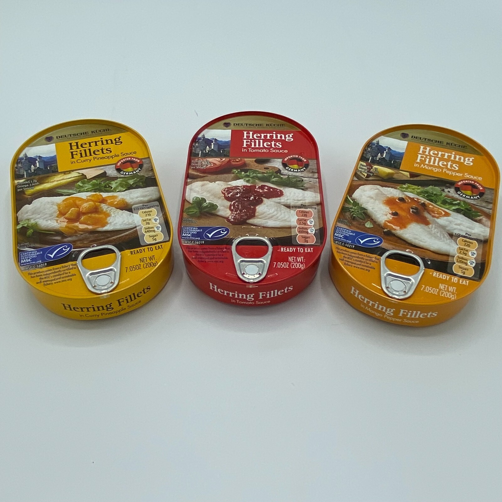 Fish Herring Fillets In Mango, Tomato or Curry Sauce Canned Food Deutsche Küche