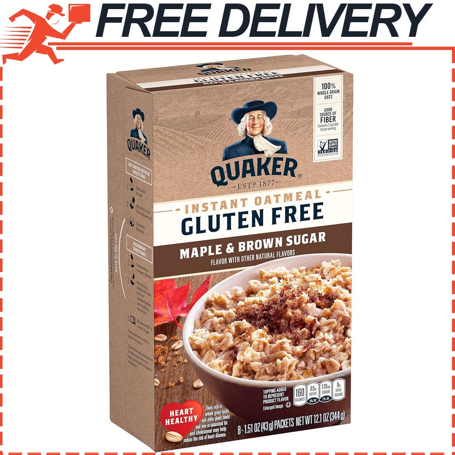 Quaker Instant Oatmeal, Gluten Free, Maple & Brown Sugar, 1.51 Oz Pack of 8
