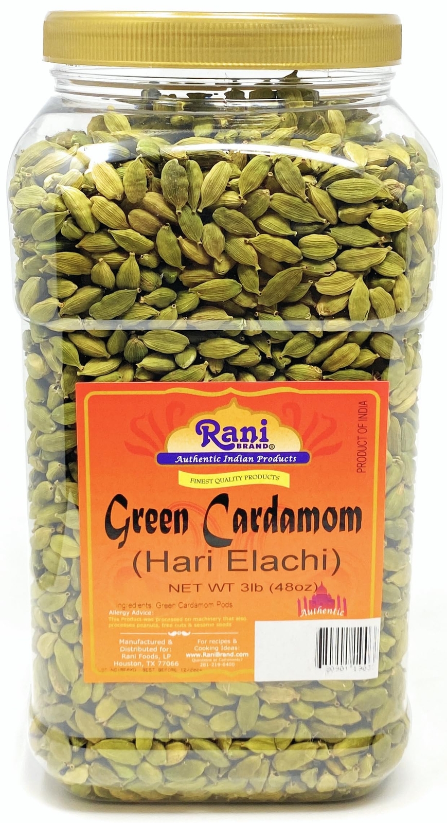 Rani Green Cardamom Pods Spice (Hari Elachi) 48oz (3lbs) 1.36kg PET Jar