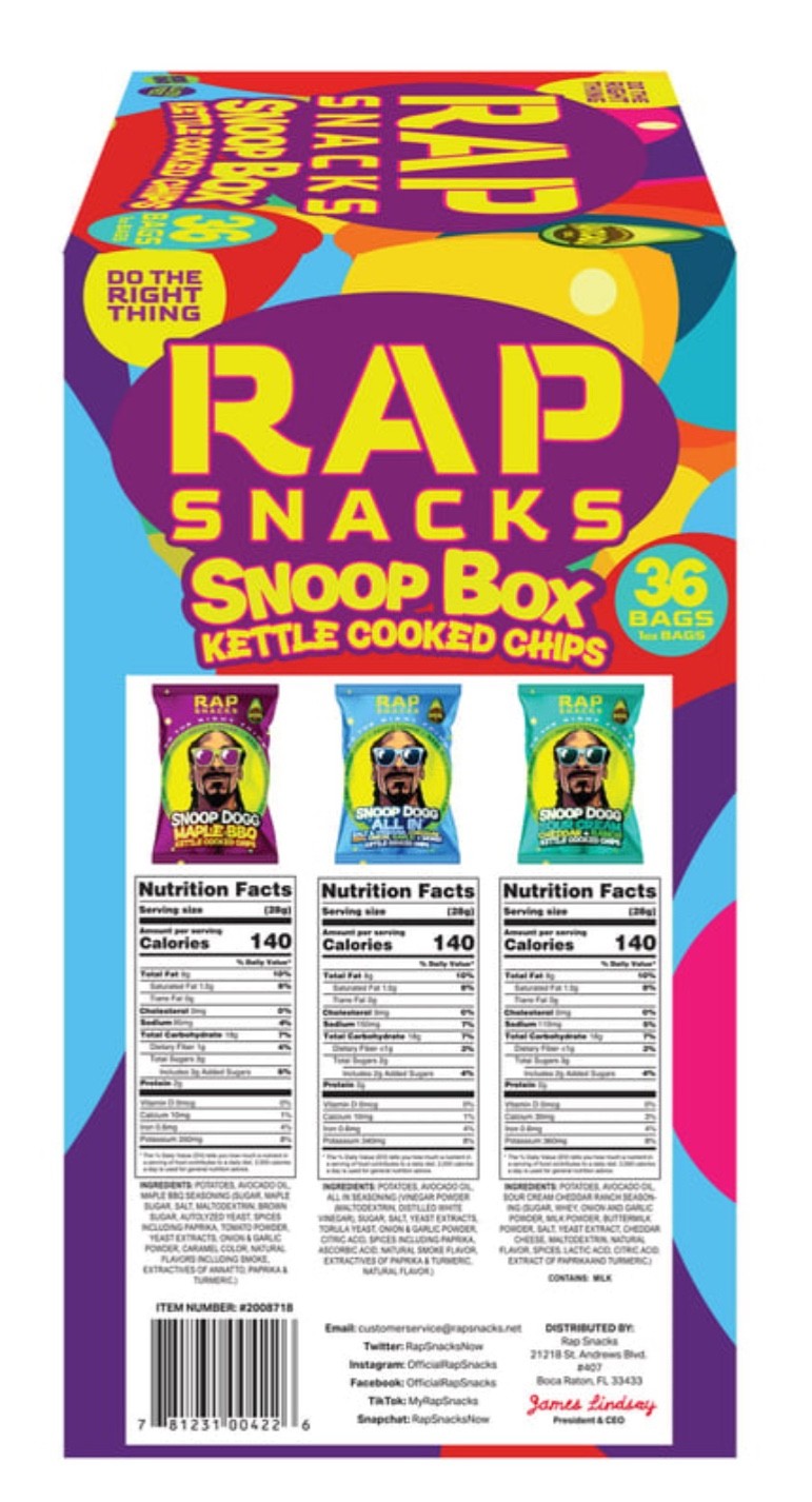 Rap Snacks Snoop Box Kettle Chips 36-Ct 1oz -Sour Cream Salt N Vinegar Mape BBQ