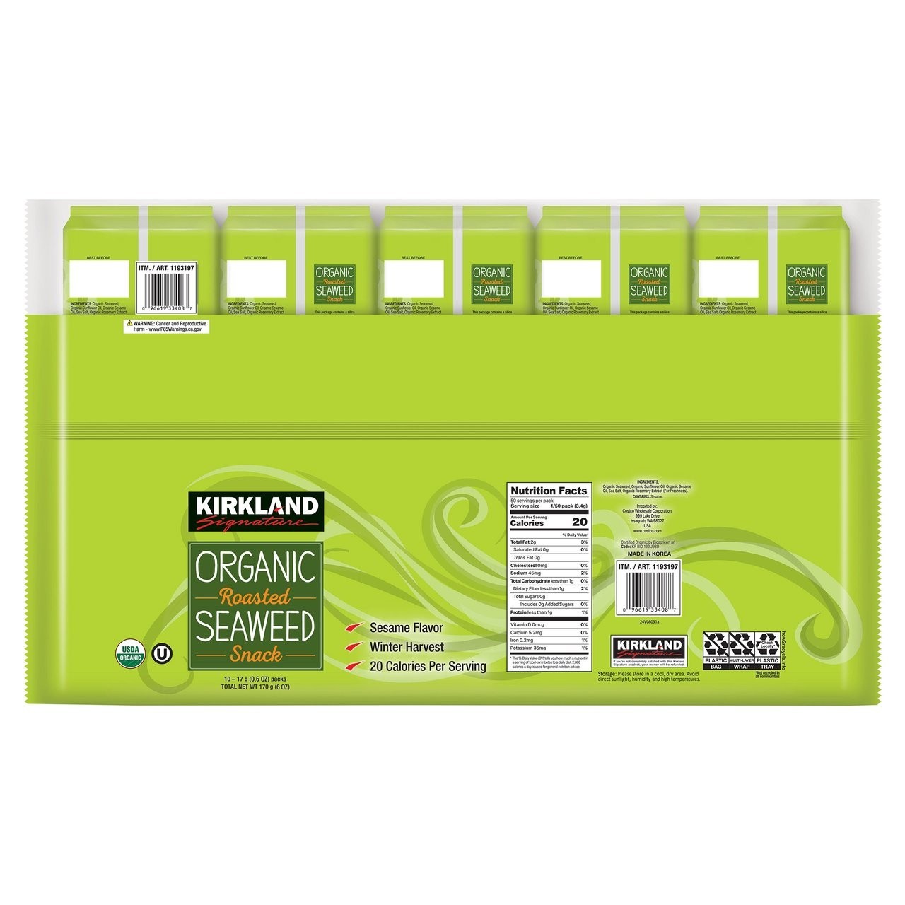 Kirkland Organic Roasted Seaweed Snack,0.6 oz – Pack of 10