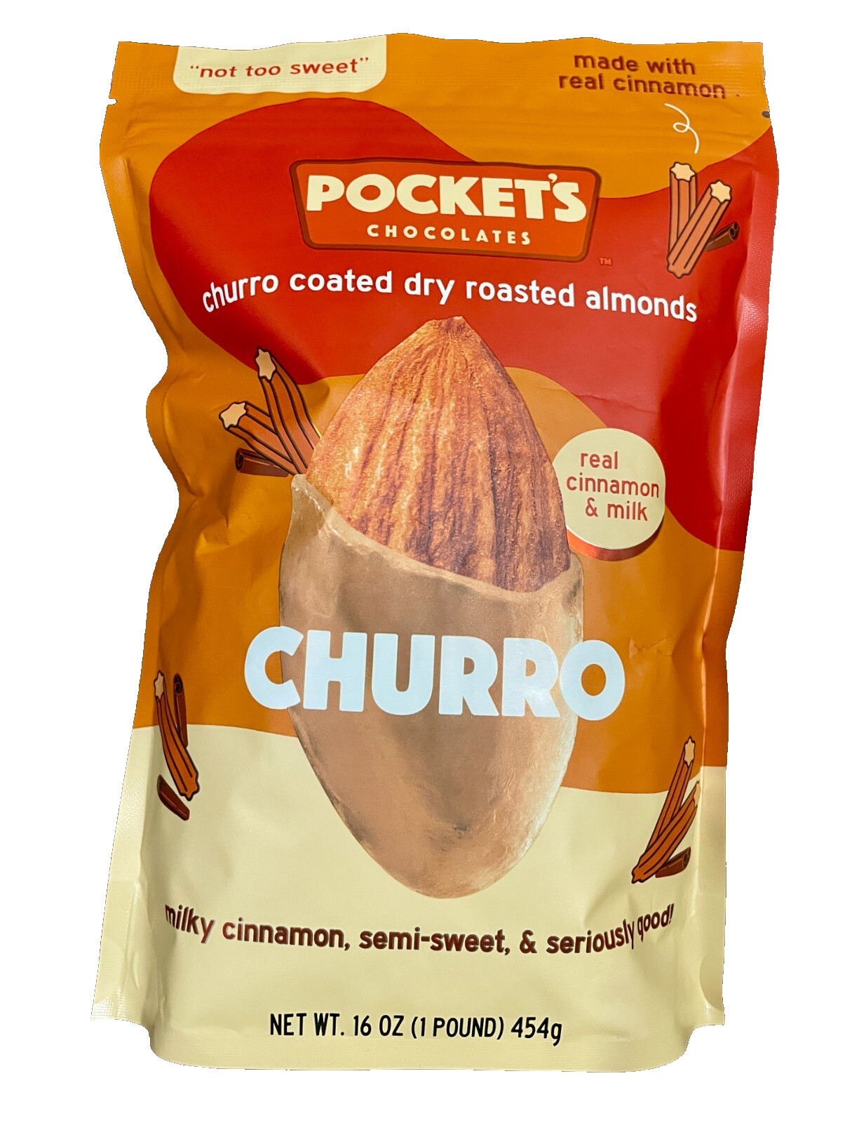 2-PACK Pocket Chocolate Churro Coated Crunchy Roasted Almonds 16 Oz. each bag