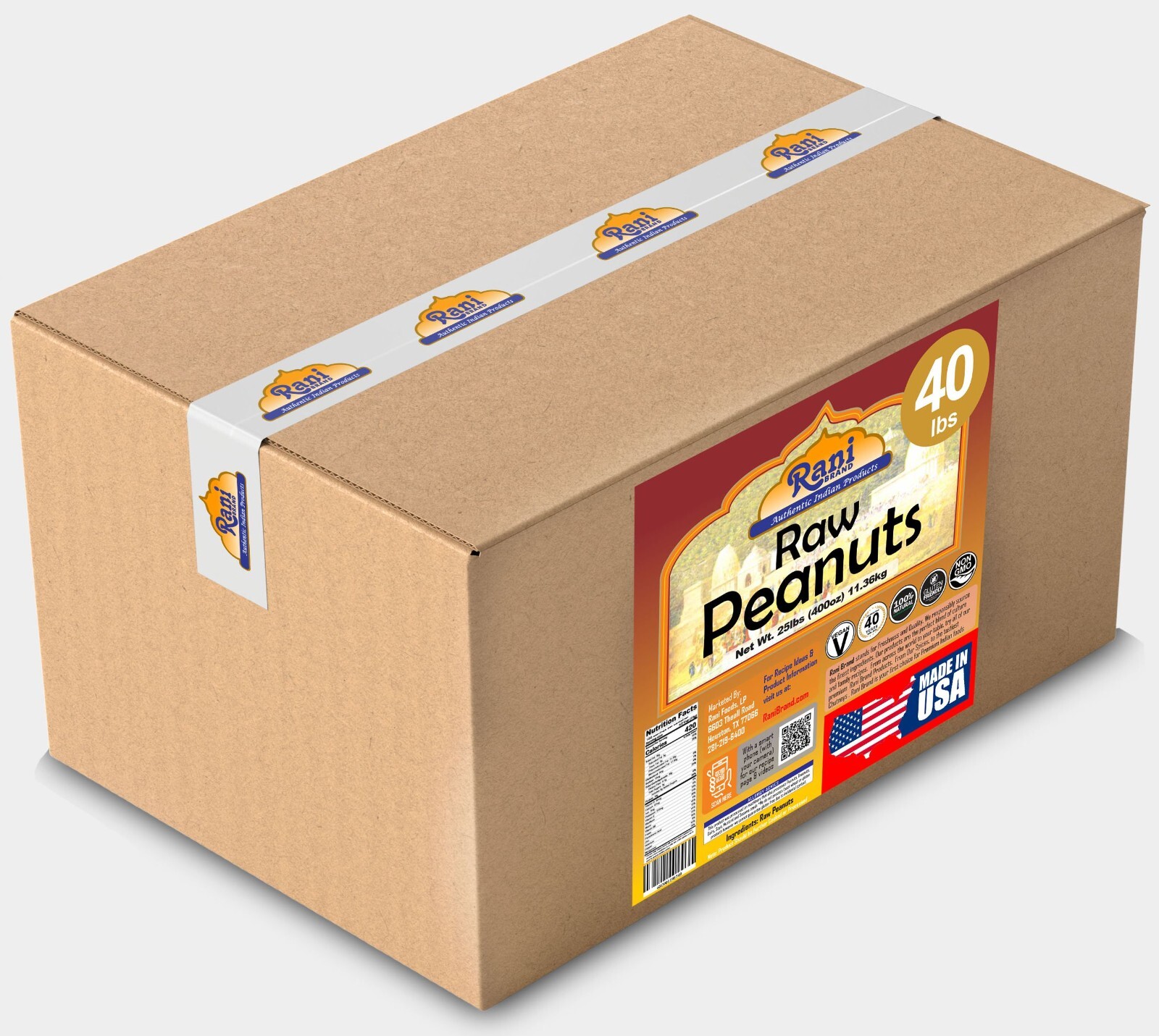 Rani Peanuts, Raw Whole With Skin (uncooked, unsalted) 40lbs (640oz) 18.14kg Box