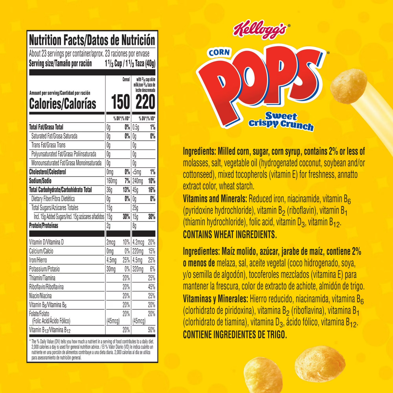 Kellogg’s Corn Pops Original Breakfast Cereal, 8 Vitamins and Minerals, 33 oz