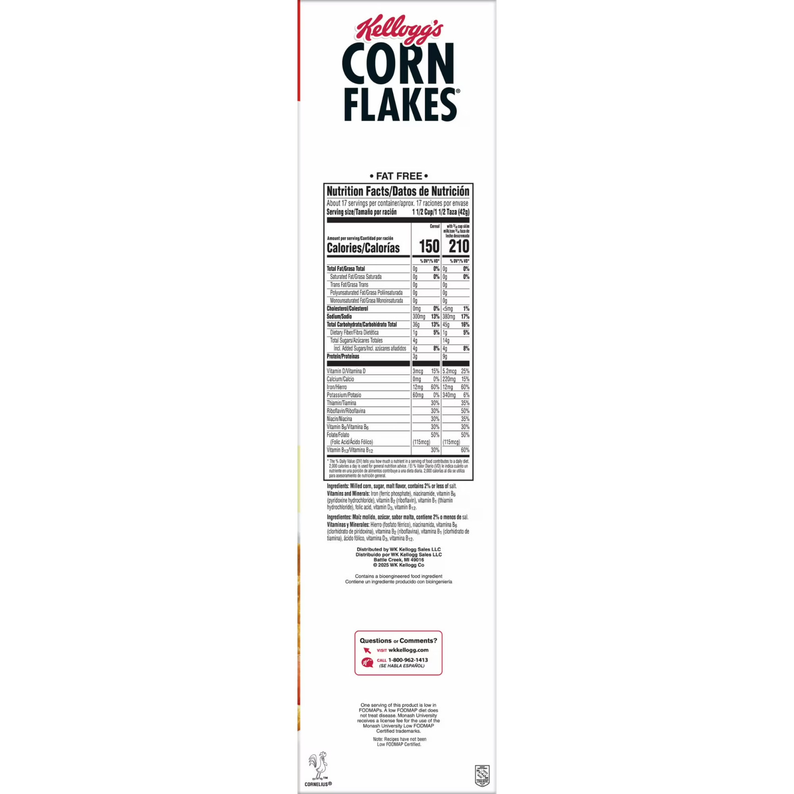 Kellogg’s Corn Flakes Breakfast Cereal, 8 Vitamins and Minerals, Mega Size, 25.2