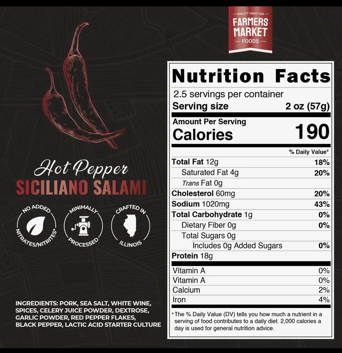 Farmers Market Foods Hot Pepper Siciliano Salami Hot & Spicy Minimally Processe…