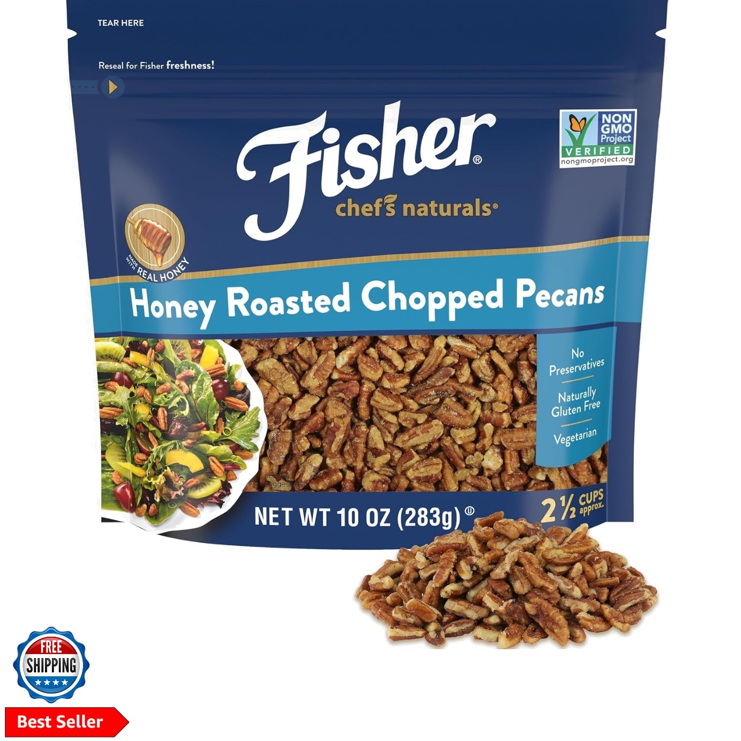 Fisher Honey Roasted Chopped Pecans 10oz Resealable Bag, Sweet and Salted Nut…