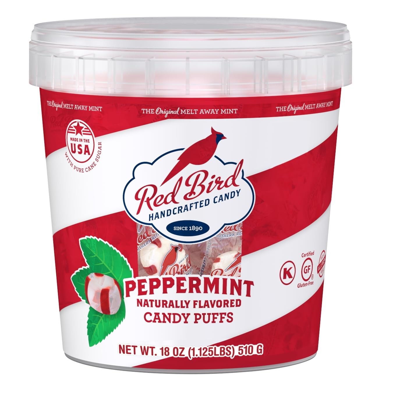 Red Bird Soft Peppermint Puffs, Christmas Candy Individually Wrapped 18 oz Tub