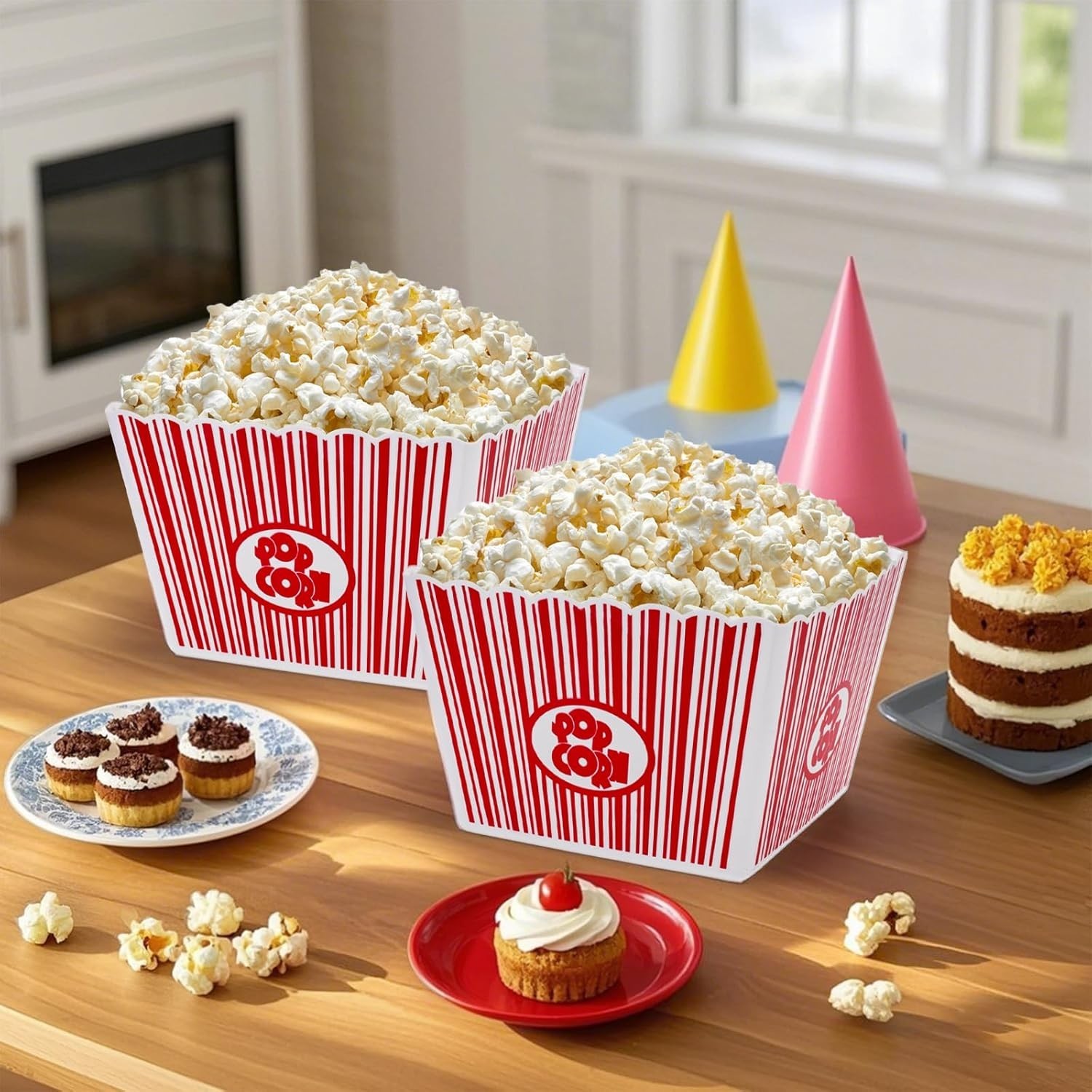 6 Pack Plastic Popcorn Buckets, Reusable Popcorn Bowl, Movie Theater Style Po…