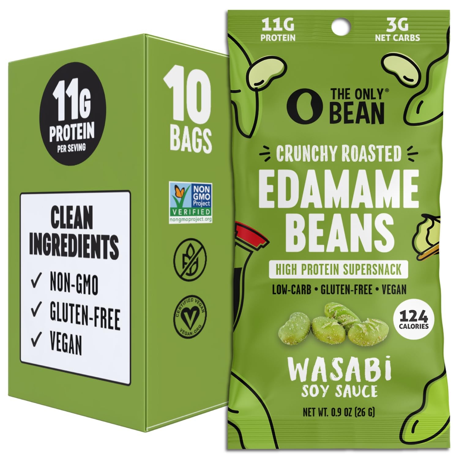 Bean Crunchy Roasted Edamame Snacks, Wasabi Soy Sauce, 0.9 Oz Pack of 10