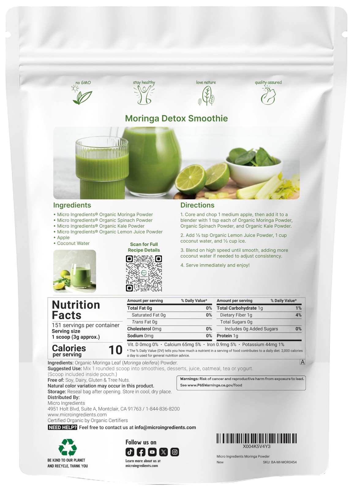 Micro Ingredients Organic Moringa Oleifera Leaf Powder, 16 Ounce (Pack of 1)