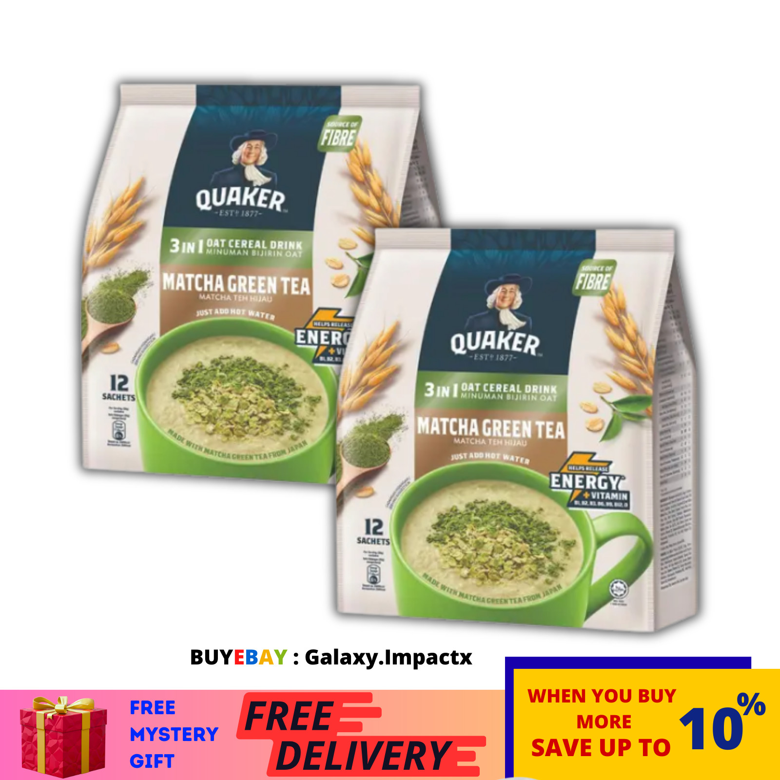 2 X QUAKER 3-in-1 Oat Cereal Drink Matcha Green Tea Flavour 12 Sachets x 28g