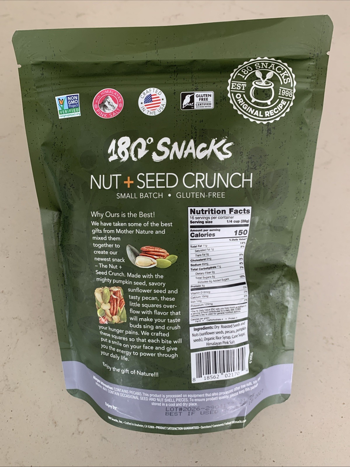 180 Snacks Nut + Seed Crunch, Sunflower Seeds, Pecans, Pumpkin Seeds 16 Oz Bag