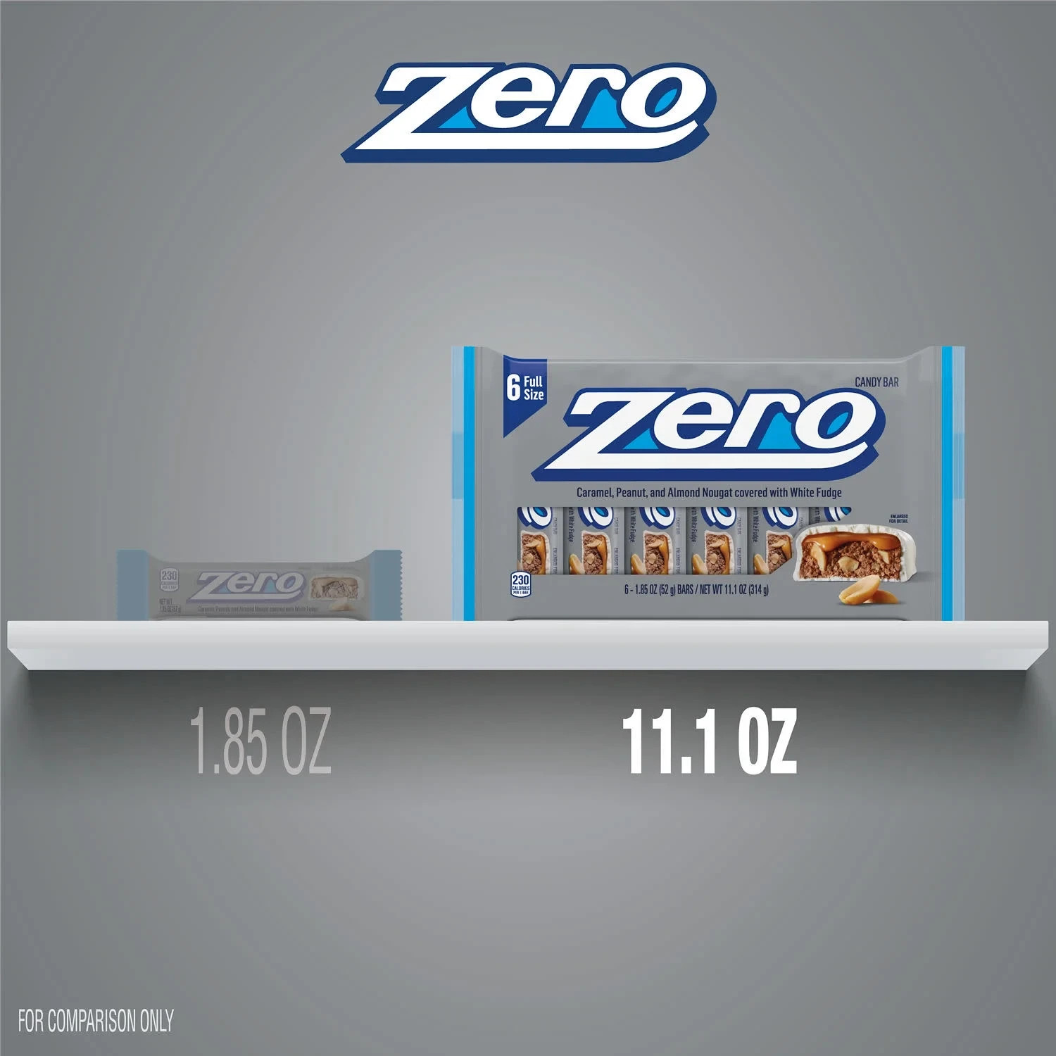 Zero White Fudge, Caramel, Peanut and Almond Nougat Candy, Bars 1.85 oz, 6 Count