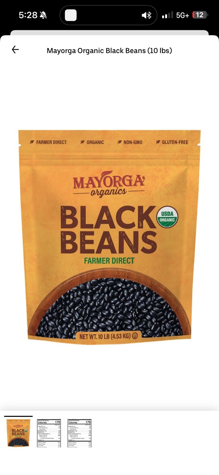 Organic Dry Black Beans by Mayorga, USDA Organic, Gluten-Free, Non-GMO, 10 lb